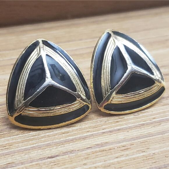 Wishbone Triangle Post Earrings Black and Gold - Picture 4 of 6